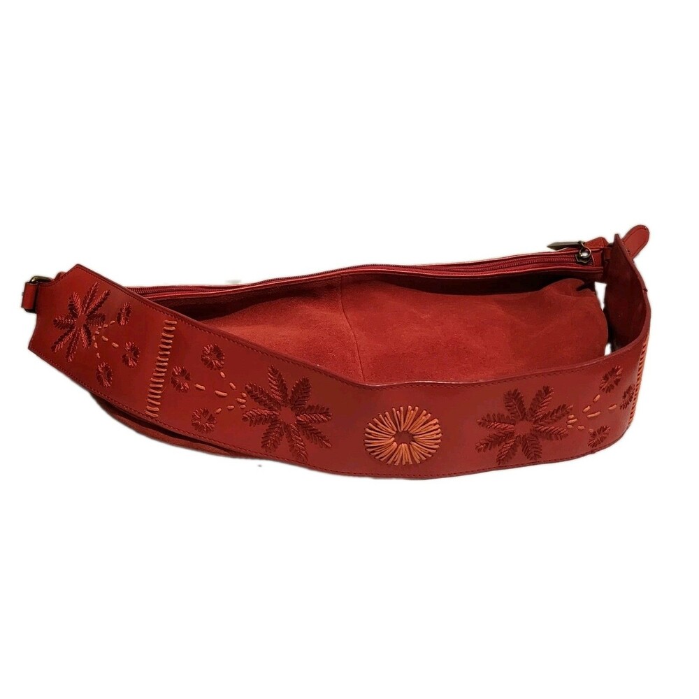 Vintage Y2K Newport News Red Suede Hobo Bag Embroidered Boho Shoulder Purse - Picture 7 of 16